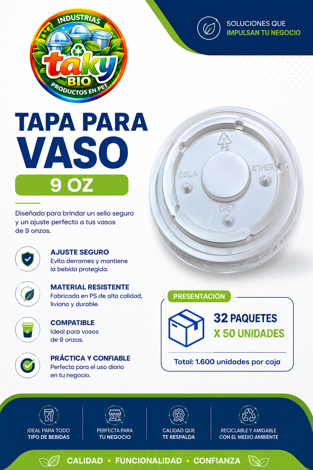 Tapa Plana 9 OZ 50 Und x 32 Pts